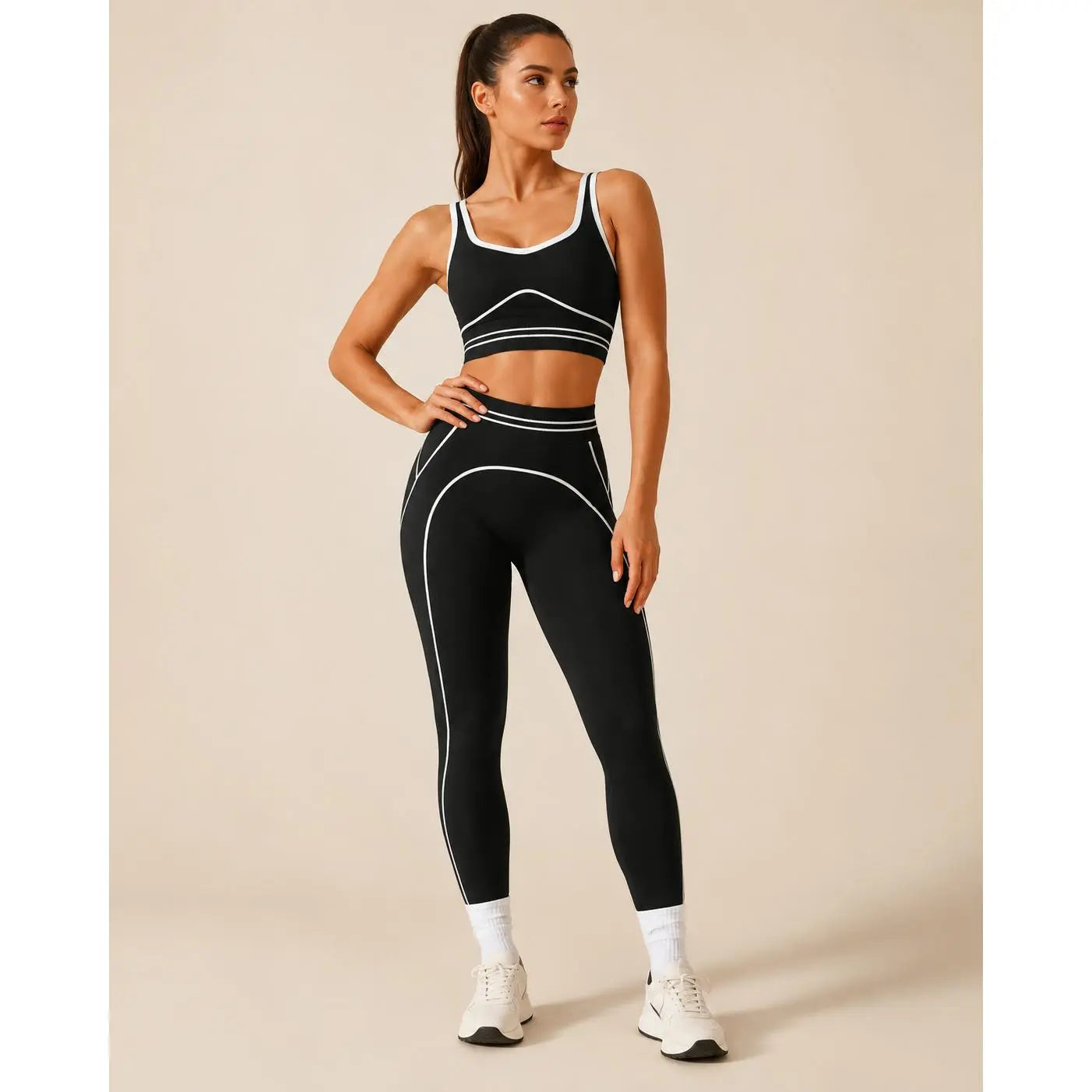 Women'S Fashion Versatile High-Waisted Yoga Pants Set, Gym Training Workout Clothes, Outdoor Sports Tennis, Butt-Lifting Tight-Fitting.
